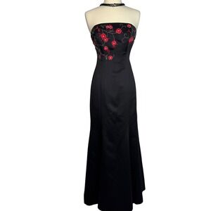 VTG Prom Dress Maxi Gown w/ Train 6 Red Black‎ Y2K Floral Goth Floral Embroidery